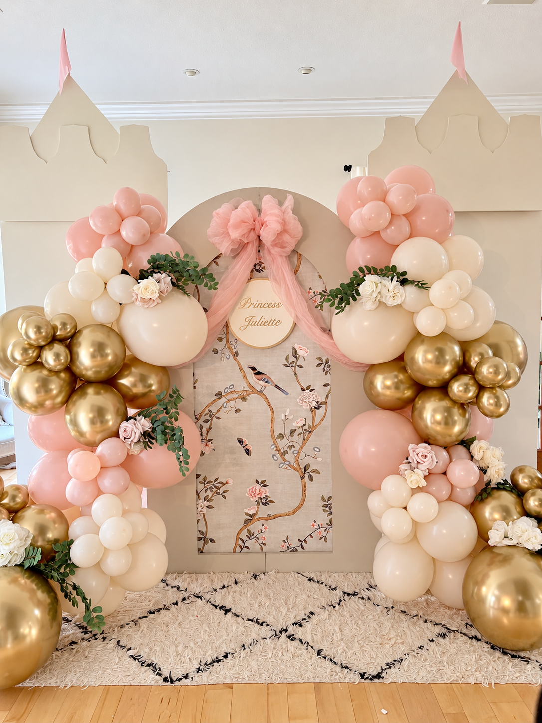 Blush and gold first birthday castle installation