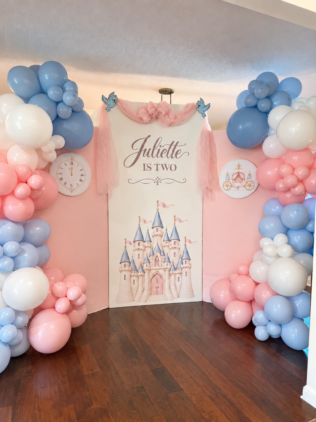 Pink blue and cream second birthday princess installation